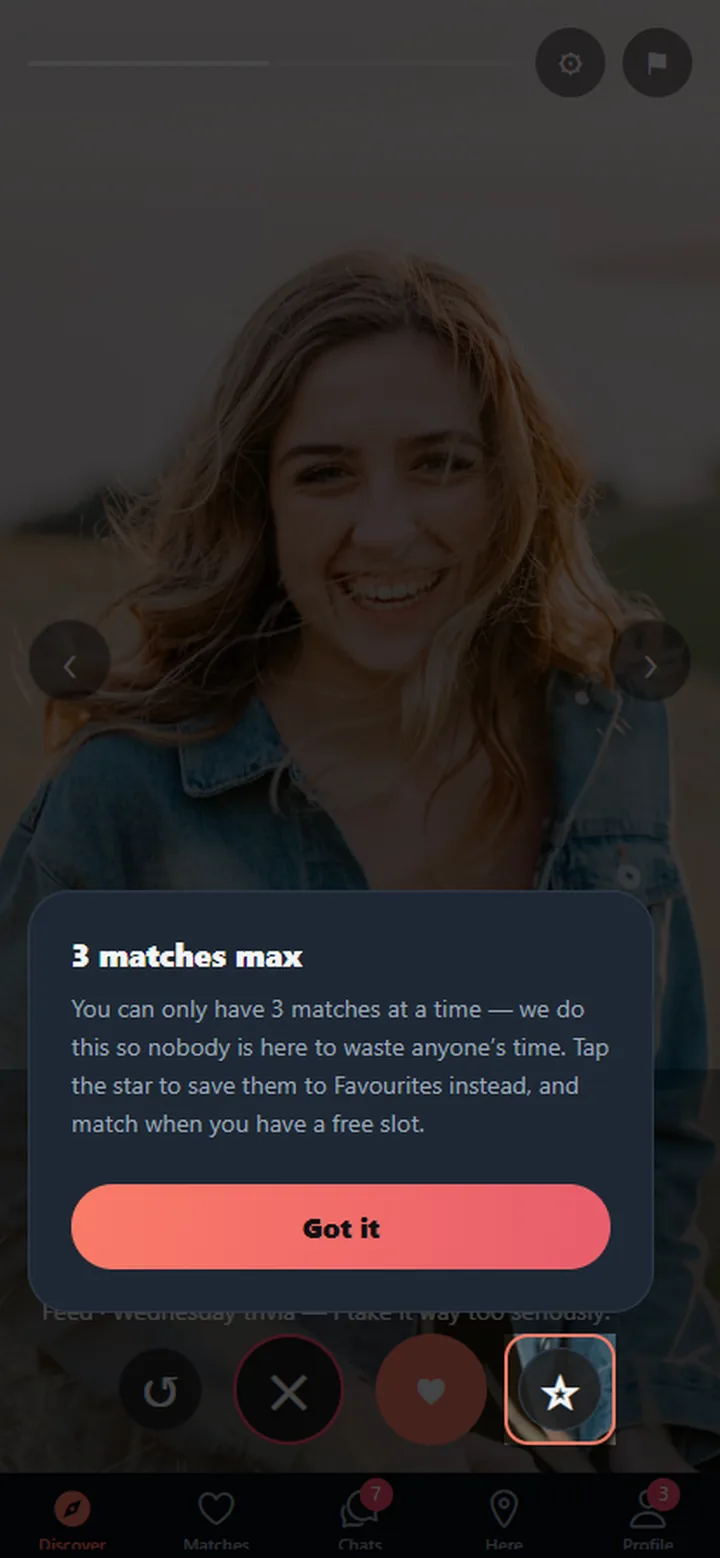 One Dollar Date explaining that you can have three open matches at a time