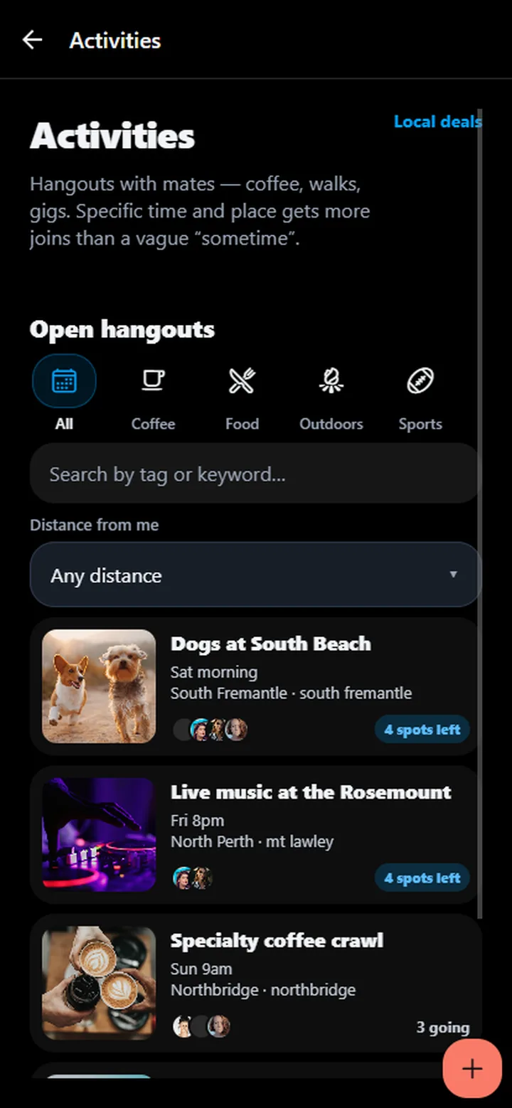 One Dollar Mate activities list with nearby hangouts