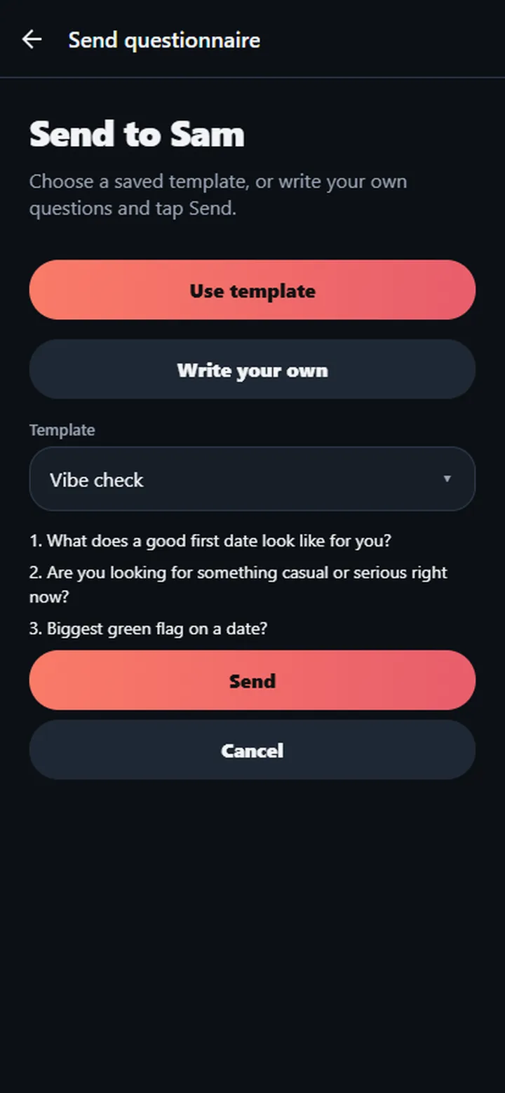 Sending a match questionnaire in One Dollar Date