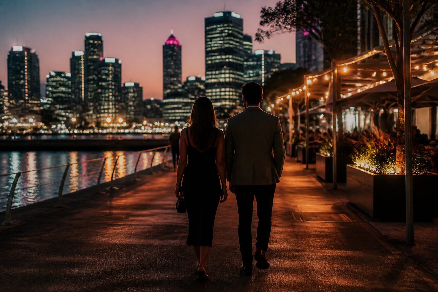 Two people walking a lit city waterfront in the evening