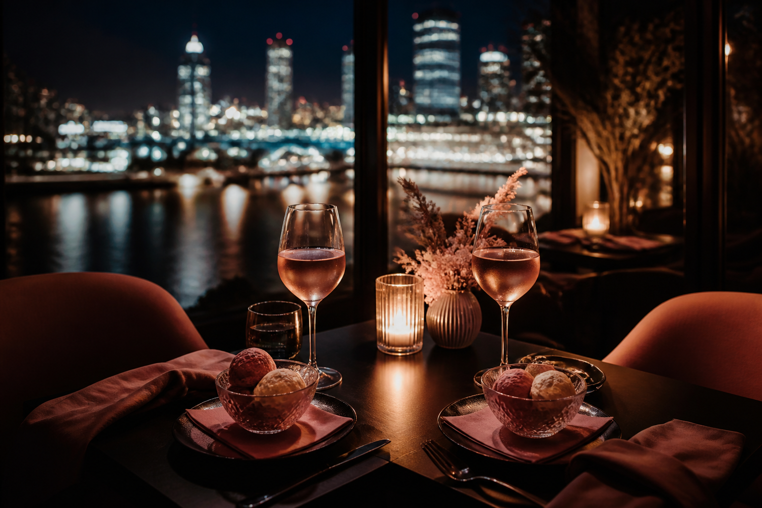 A table set for two with city lights in the background