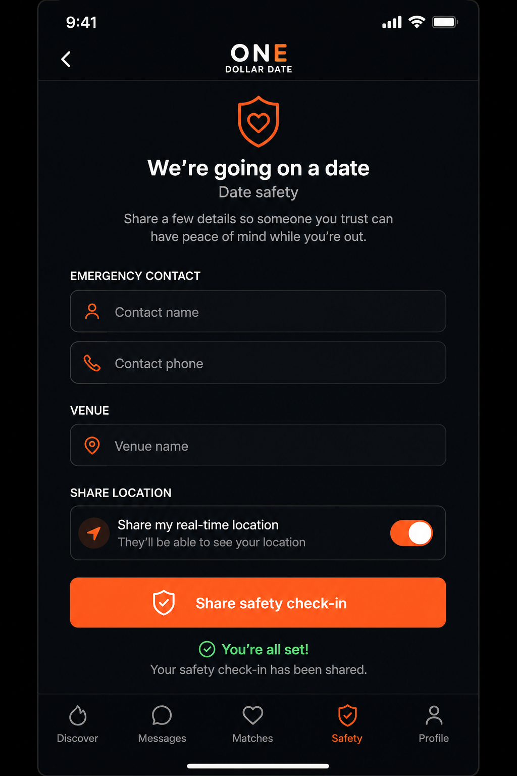 Date safety screen in One Dollar Date