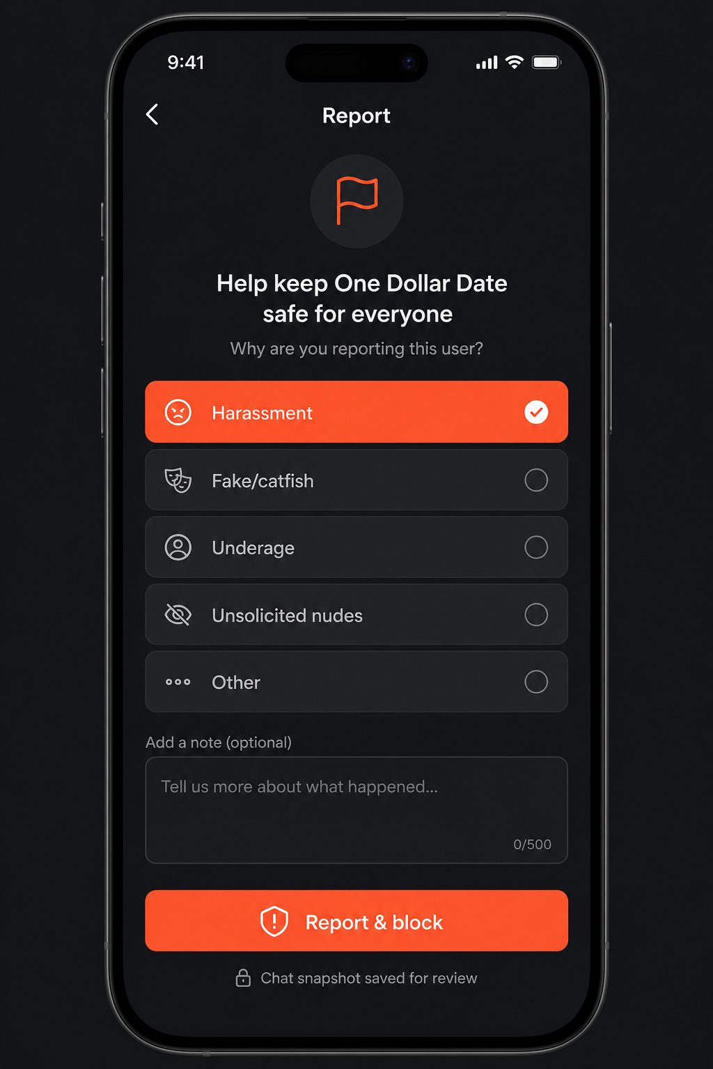 Report and block screen in One Dollar Date
