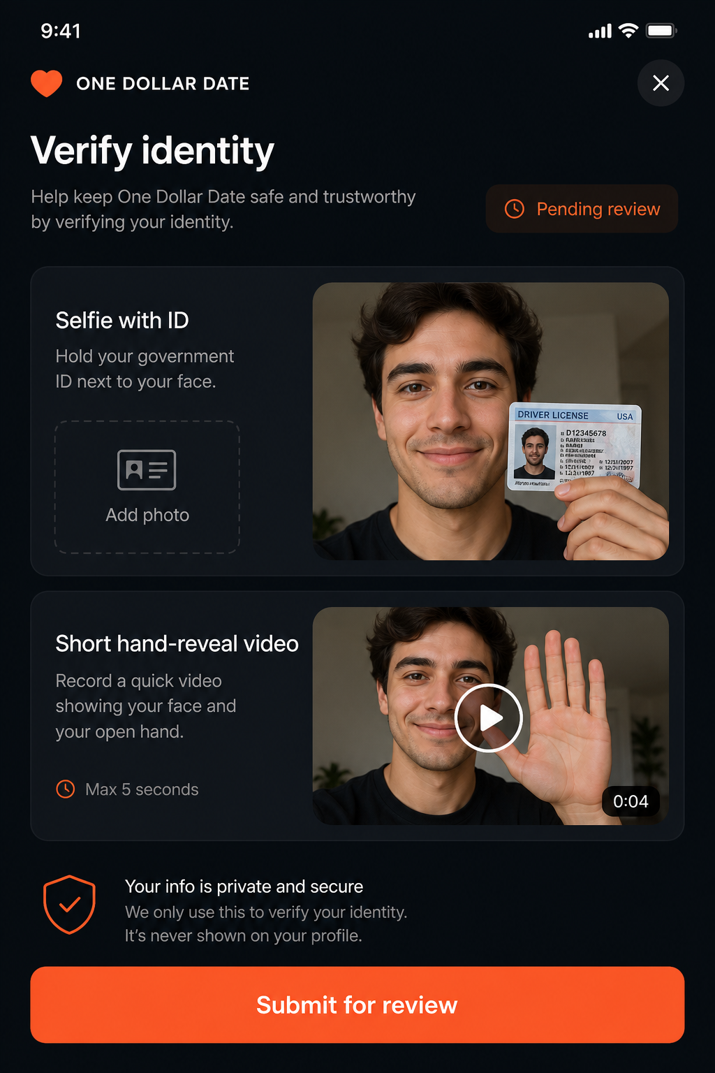 Verify identity screen in One Dollar Date